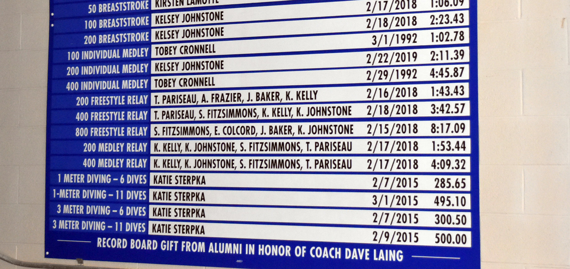 The Westfield State women's swimming and diving records board, installed at the Ely Pool in 2024.